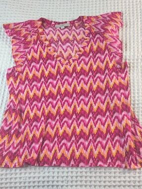 LOFT 100% Cotton Pink Chevron Flutter Sleeve V-Neck Shell with Yellow Accents